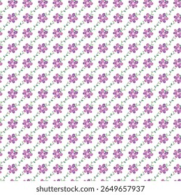 Elegant pattern design with diagonal purple flowers and green vines, perfect for wallpaper, fabric, and stationery aesthetics offering a refreshing floral theme	