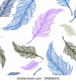 elegant pattern of feathers hand drawing in ethnic style - vector seamless print fabric, wallpaper, textiles