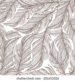 elegant pattern of feathers hand drawing in ethnic style - vector seamless print fabric, wallpaper, textiles