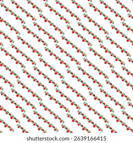 An elegant pattern featuring diagonal stripes formed by green leafy branches with red berries, creating a festive and decorative design on a white background,