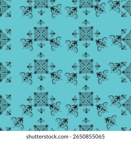 An elegant pattern featuring intricate black designs against a soothing turquoise background. This visually appealing motif showcases a mix of floral and geometric elements, making it ideal .