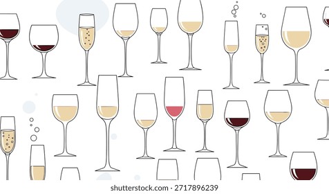 Elegant pattern featuring a variety of wine and champagne glasses filled with red, white, and sparkling beverages on a white background.