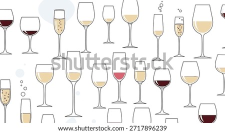 Elegant pattern featuring a variety of wine and champagne glasses filled with red, white, and sparkling beverages on a white background.