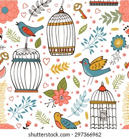 Elegant pattern with flowers, bird cages and birds. vector illustration