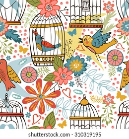 Elegant pattern with flowers, bird cages and birds. vector illustration