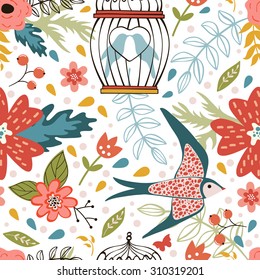 Elegant pattern with flowers, bird cages and birds. vector illustration