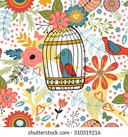 Elegant pattern with flowers, bird cages and birds. vector illustration