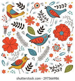 Elegant pattern with flowers and birds. Vector illustration