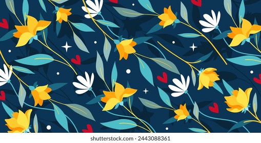 Elegant pattern of flowers in vector, flat style.