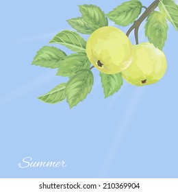 Elegant pattern with green apples and leaves against the sky
