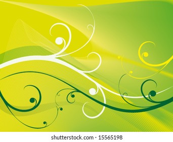 Elegant pattern and green and light curls on a yellow background