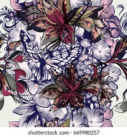 Elegant pattern with hand drawn flowers