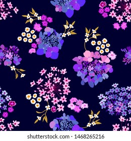 Elegant pattern with hydrangea inflorences, miniature daisies and wildflowers. Botanical seamless print with different floral elements. Vintage textile collection. On dark background.