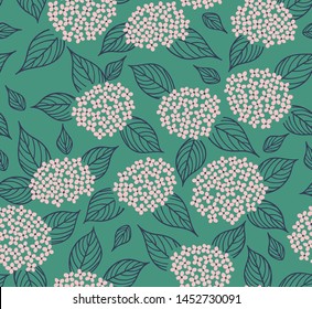 Elegant pattern in hydrangea pink flowers are scattered on the surface. Liberty style. Floral seamless background. Ditsy print. Vector texture. A bouquet of spring flowers for fashion prints.