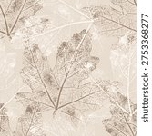 Elegant pattern with leaf prints in beige and brown tones, botanical print for premium wallpaper, textiles, and eco-friendly packaging. Vector illustration