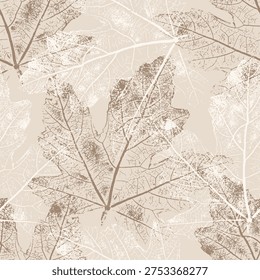 Elegant pattern with leaf prints in beige and brown tones, botanical print for premium wallpaper, textiles, and eco-friendly packaging. Vector illustration