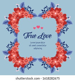 Elegant pattern of leaf and red flower frame, for antique true love greeting card wallpaper decor. Vector