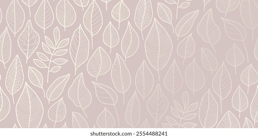 Elegant pattern of minimalist leaf designs with intricate vein patterns on soft beige grey background. Delicate silver outlines create subtle contrast. Ideal for wallpapers, packaging designs.