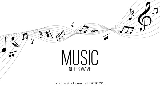 Elegant pattern of musical notes and treble clef flowing in harmony. Ideal for music sheet designs, banners, and abstract creative backgrounds. A modern, minimalist approach to melody visualization.