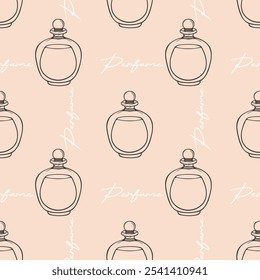 Elegant pattern with outline of perfume bottle and lettering on soft pink background, ideal for packaging, backdrops, covers.