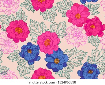 Des motifs élégants de fleurs roses de pivoine sont éparpillés à la surface. Style Liberty. Arrière-plan floral harmonieux. Impression sale.  Texture vectorielle. Un bouquet de fleurs printanières pour les estampes de mode.
