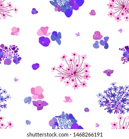 Elegant pattern with petals and miniature flowers. Botanical seamless print with different floral elements. Vintage textile collection. On light background.
