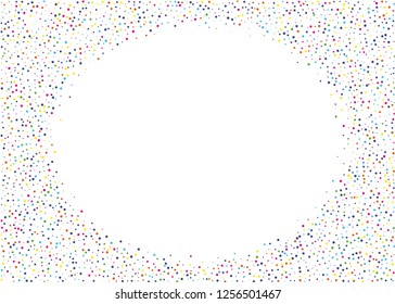 Elegant pattern with polka dots of small and large scale. Splatter background. Colorful glitter blow explosion and splats on white. Festival texture. Vector illustration