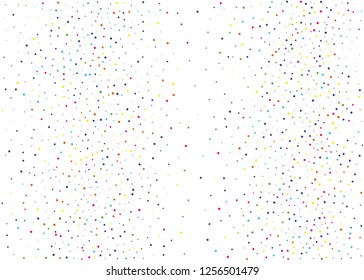 Elegant pattern with polka dots of small and large scale. Splatter background. Colorful glitter blow explosion and splats on white. Festival texture. Vector illustration