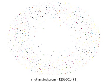Elegant pattern with polka dots of small and large scale. Splatter background. Colorful glitter blow explosion and splats on white. Festival texture. Vector illustration