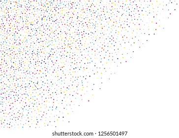 Elegant pattern with polka dots of small and large scale. Splatter background. Colorful glitter blow explosion and splats on white. Festival texture. Vector illustration