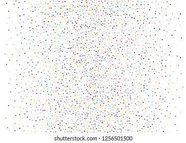 Elegant pattern with polka dots of small and large scale. Splatter background. Colorful glitter blow explosion and splats on white. Festival texture. Vector illustration