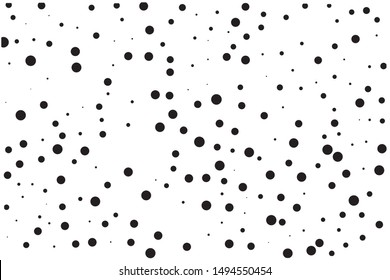 Elegant pattern with polka dots of small and large scale. Splatter background. Black glitter blow explosion and splats on white. Grunge texture. Vector illustration