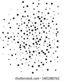 Elegant pattern with random black polka dots of small and large scale. Splatter background. Black glitter blow explosion and splats on white. Grunge texture. Vector illustration