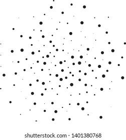 Elegant pattern with random black polka dots of small and large scale. Splatter background. Black glitter blow explosion and splats on white. Grunge texture. Vector illustration
