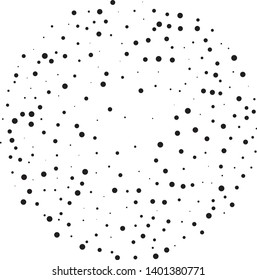 Elegant pattern with random black polka dots of small and large scale. Splatter background. Black glitter blow explosion and splats on white. Grunge texture. Vector illustration