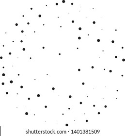 Elegant pattern with random black polka dots of small and large scale. Splatter background. Black glitter blow explosion and splats on white. Grunge texture. Vector illustration