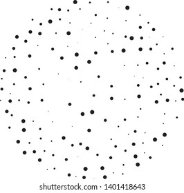 Elegant pattern with random black polka dots of small and large scale. Splatter background. Black glitter blow explosion and splats on white. Grunge texture. Vector illustration