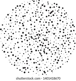 Elegant pattern with random black polka dots of small and large scale. Splatter background. Black glitter blow explosion and splats on white. Grunge texture. Vector illustration