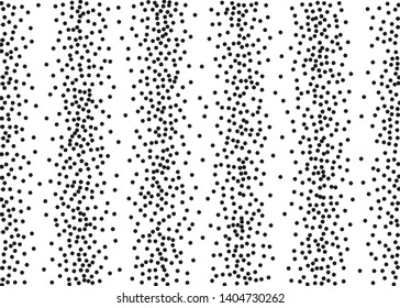 Elegant pattern with random black polka dots of regular scale. Splatter background. Black glitter blow explosion and splats on white. Grunge texture. Vector illustration