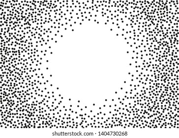 Elegant pattern with random black polka dots of regular scale. Splatter background. Black glitter blow explosion and splats on white. Grunge texture. Vector illustration
