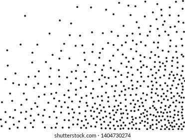 Elegant pattern with random black polka dots of regular scale. Splatter background. Black glitter blow explosion and splats on white. Grunge texture. Vector illustration