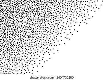 Elegant pattern with random black polka dots of regular scale. Splatter background. Black glitter blow explosion and splats on white. Grunge texture. Vector illustration