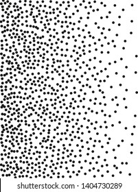 Elegant pattern with random black polka dots of regular scale. Splatter background. Black glitter blow explosion and splats on white. Grunge texture. Vector illustration