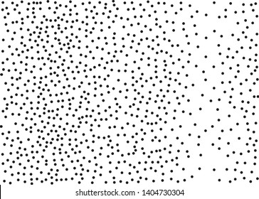 Elegant pattern with random black polka dots of regular scale. Splatter background. Black glitter blow explosion and splats on white. Grunge texture. Vector illustration