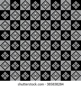 Elegant pattern with rhomboid decorations on alternate grey and black squares