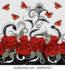 Elegant pattern with roses and butterflies.Red roses and butterflies in an elegant seamless pattern with decorative elements.