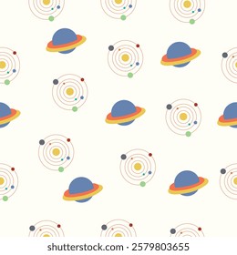 An elegant pattern with Saturn's rings and planetary orbits drawn in clean lines on a light background. 