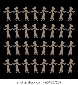 Elegant pattern of silhouettes figures of girls and flowing dance movements on a black background. Monochrome vector for design of conceptual prints and textiles.