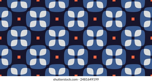 Elegant pattern small diamond white flower motif seamless classic blue floral background. Modern style fabric design textile swatch ladies dress allover print block. Vector graphic retro illustration.