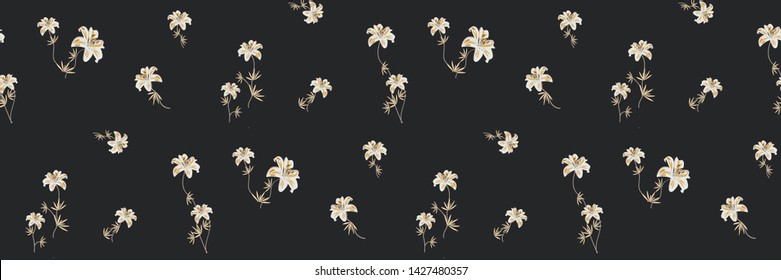 Elegant pattern in small flower. Small white flowers. Lilies on a dark black background. Ditsy floral background. Tropical botanical template for fashion prints. Vector illustration.